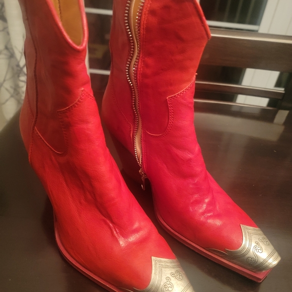 Free People Shoes - Free People Red Heeled Boots with Silver Accents